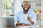 Thumbs up, support and success with call center businessman working telemarketing, customer support or consulting company. Crm, yes and agreement with black man in customer service or sales office