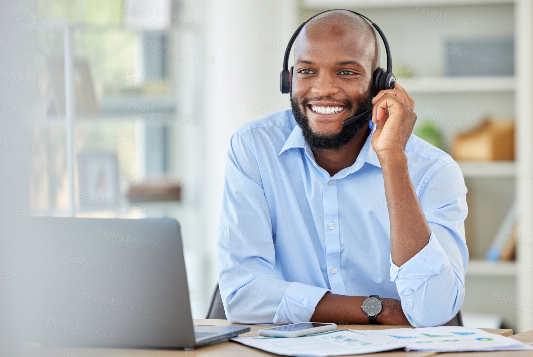 Buy stock photo Black sales man, call center agent and customer service support advice, consulting and talking conversation loan in office. African, young and happy consultant, crm telemarketing and contact us work