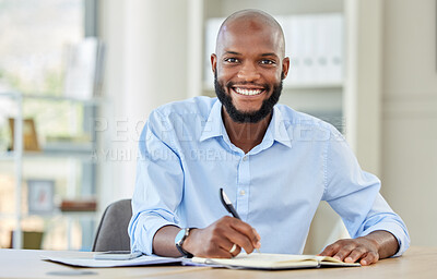 Buy stock photo Notebook planning, writing and businessman working on financial strategy in work office, happy with corporate ccompany and reminder in book. Portrait of happy African accountant at accounting startup