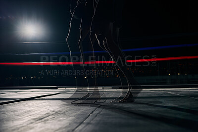 Buy stock photo boxing ring, fitness legs and boxer man in a match, tournament or fight club. Prizefighter muscular person walking or ready for training in a dark arena for a competition or sports event with mockup