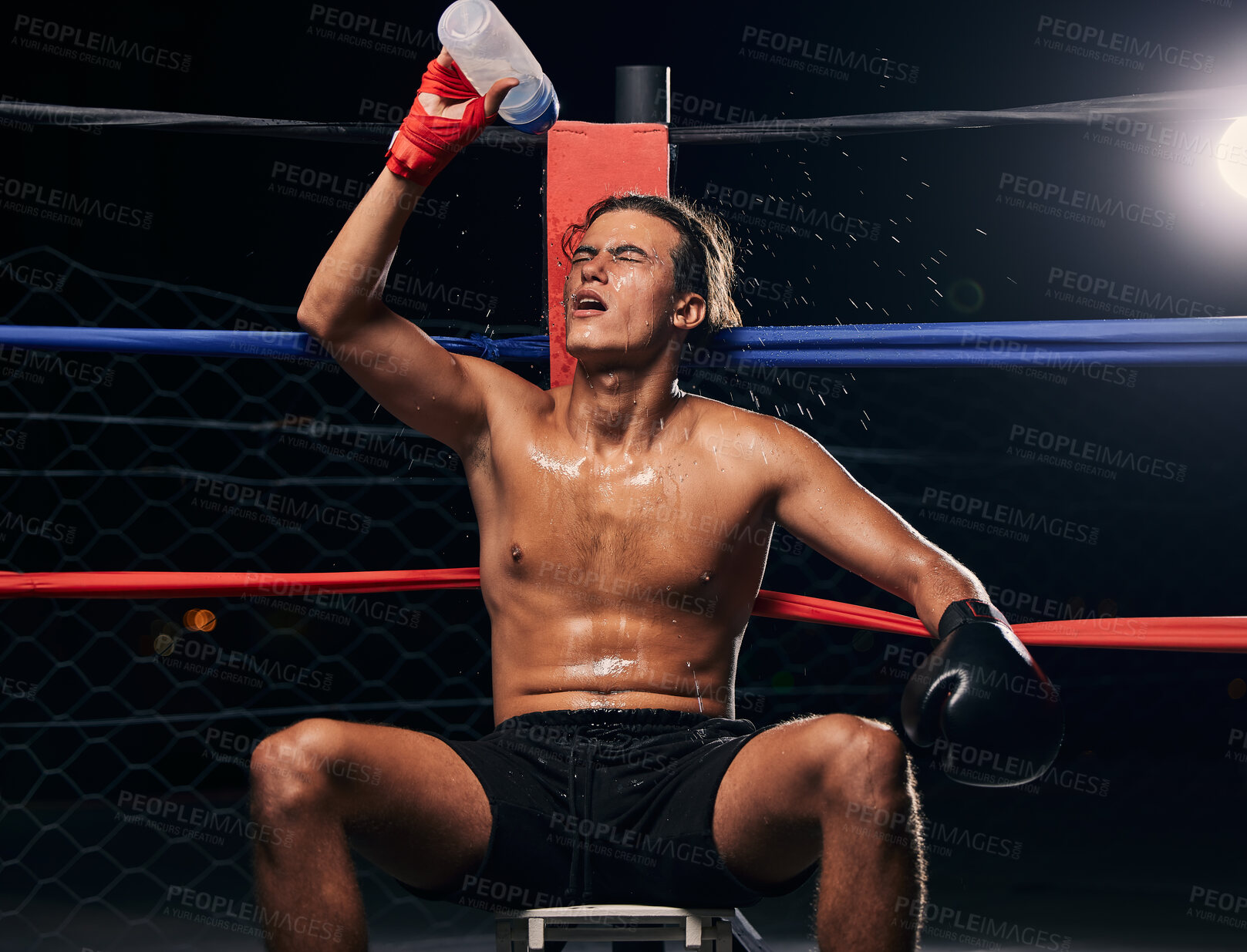 Buy stock photo Boxing athlete with water bottle, tired after workout, training or exercise in a ring. Professional boxer rest and hydrate after fitness mma, muay thai or fighting practice, match and fight