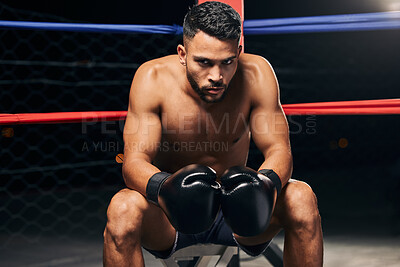 Buy stock photo Boxing ring man, strong power and focus mma fighter ready to punch, hit and challenge competition champion in gym club, exercise and training. Fitness portrait, boxer gloves impact and sports athlete