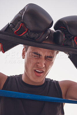 Buy stock photo Fitness, tired and injured boxing man in workout, training or exercise at wellness gym. Face, stress or in pain boxer with burnout in kickboxing or fighting ring in game, match or sports competition