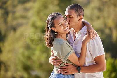 Buy stock photo Couple hug, love and happy mindset of a man and woman from Colombia kissing in nature. Female smile and male kiss of people with happiness and gratitude mindset together outdoors embracing summer