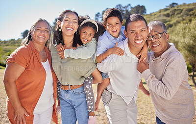 Buy stock photo Big family, portrait and happy smile of mom, dad and children on a hike or walk with grandparents. Happiness of people from Mexico on a walking and hiking trip in nature with happiness together
