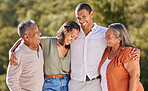 Happy, hug and smile, an adult family in a park standing together. Mother, father grown up kids laughing. Happiness, love and nature, man and woman with senior couple in nature at an outdoor event.