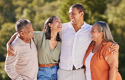 Buy stock photo Family, elderly parents and together in nature to bond in outdoor landscape with happy people. Care, love and support in positive relationship with relatives enjoying time with each other.