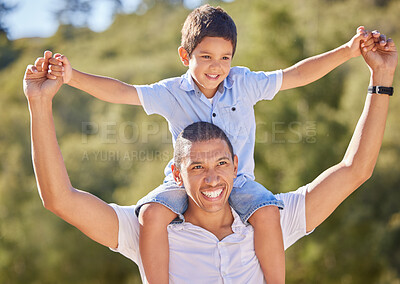 Buy stock photo Happy dad, child and family nature walk of a kid on father shoulders with a smile in the summer sun. Happiness, fun and outdoors experience of a man and kid walking and hiking in nature together