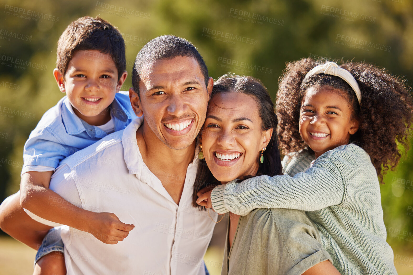 Buy stock photo Happy, family and smile of a mom, dad and children in a park in nature having fun in summer. Portrait of parents and young kids from Mexico with happiness playing outdoors with youth care together