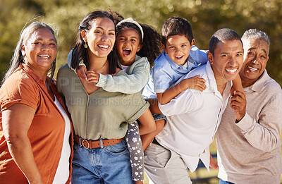 Buy stock photo Big family, three generation and happy people sharing love, care and a special bond while at the park on a sunny day. Portrait of children, parents and grandparents out on a fun adventure in mexico
