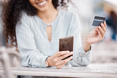 Buy stock photo Ecommerce, credit card and woman online shopping on smartphone for digital payment website. Happy customer typing security bank information on safe e commerce, banking or fintech software application