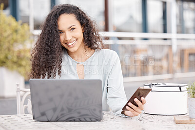 Buy stock photo Portrait of a woman on a phone and laptop outdoor in a business park working with technology. Professional, corporate and happy employee planning a project with a smartphone and computer in a garden.