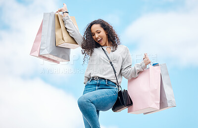 Buy stock photo City shopping, retail sale and woman with fashion deal, excited about luxury discount and happy about designer market on blue sky in Paris. Rich, wealth and young girl with bag and smile in summer 