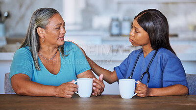 Buy stock photo Black woman, nurse or elderly patient support, talking or comfort. Medical consultant, caregiver or female doctor having conversation with elderly woman at nursing home for trust, advice or help.
