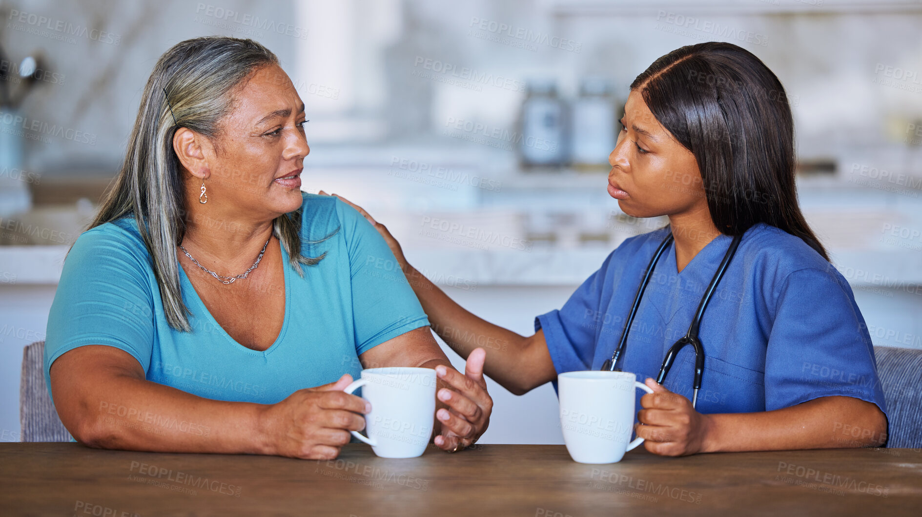Buy stock photo Black woman, nurse or elderly patient support, talking or comfort. Medical consultant, caregiver or female doctor having conversation with elderly woman at nursing home for trust, advice or help.
