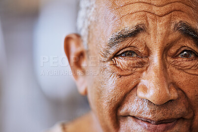 Buy stock photo Portrait of a happy, kind black senior mans face with wrinkles, smile and friendly in a retirement home. Happiness, joy and positive elderly black man smiling and feeling content with retired life
