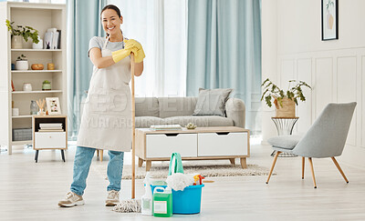 Buy stock photo Happy woman cleaning home floor, house work and smile in home service mopping living room, job with gloves and happy to clean house apartment. Portrait of Asian cleaner or housewife housekeeping