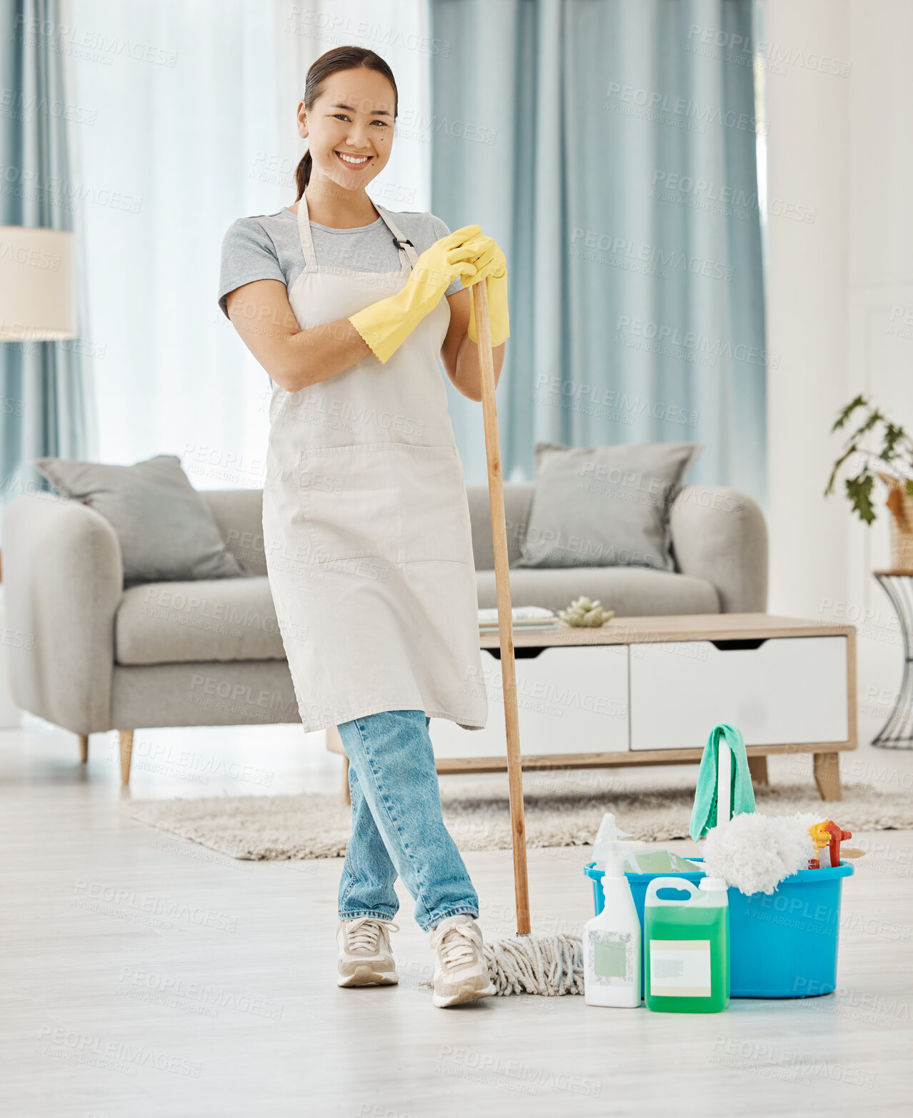 Buy stock photo Cleaning floor, house work and woman working in home service mopping living room, doing job with smile and happy to clean house apartment. Portrait of Asian cleaner or housewife housekeeping