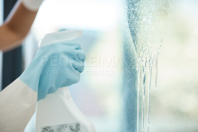 Buy stock photo Cleaner hands with spray bottle, liquid and window cleaning in an office, house apartment or modern glass interior. Spring clean or service worker spraying soap water container for career background