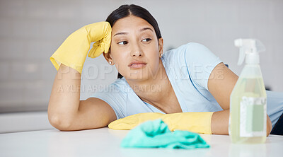 Buy stock photo Cleaning house, burnout and tired woman thinking of idea to clean kitchen fast, sad cleaner working and stress over mistake in home.  Bored person with depression and anxiety while doing housekeeping