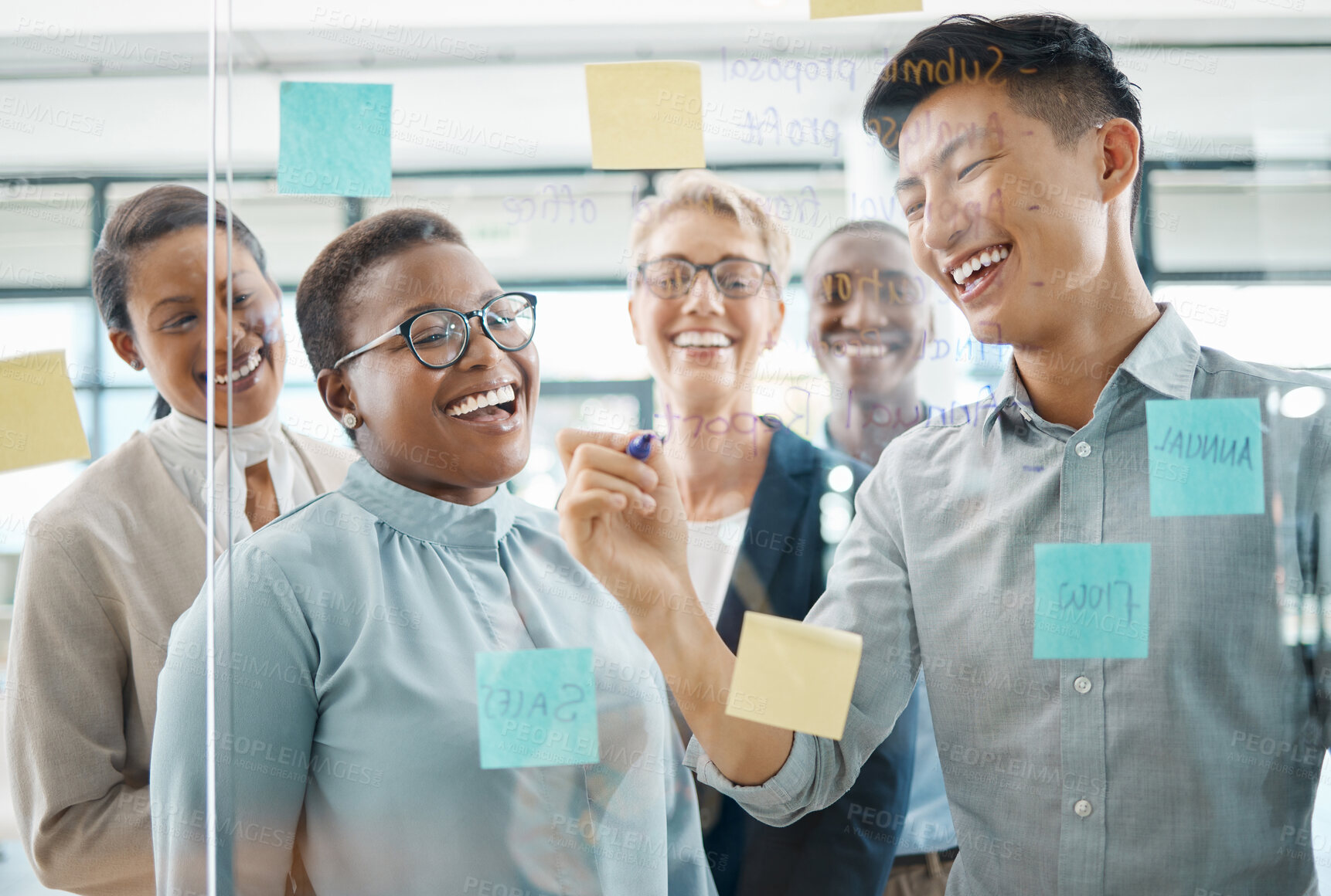 Buy stock photo Planning meeting, sticky note idea and business people working on global marketing strategy, teamwork for innovation and collaboration for future goal. Happy employees writing startup vision on glass