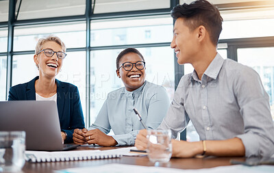 Buy stock photo Global business, laughing and teamwork meeting in diversity collaboration, office strategy or digital marketing with laptop. Smile, happy and comic creative people excited about goal and success deal