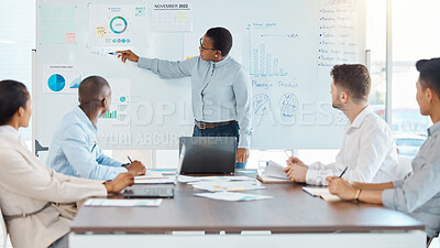 Buy stock photo Collaboration, leadership and strategy by business leader reading and discuss data and statistics during presentation. Vision, innovation and planning by corporate woman leading diverse team project
