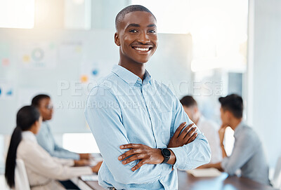 Buy stock photo Corporate manager, meeting leader and management in training workshop with employees, working on startup company coaching and smile for success. Portrait of African businessman in team seminar