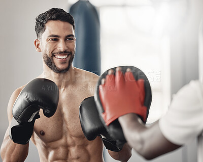 Buy stock photo Fitness boxing, happy man training workout and cardio exercise motivation goals. Healthy muay thai athlete, strong ab muscle power and young sports mma boxer smile in gym with boxing gloves