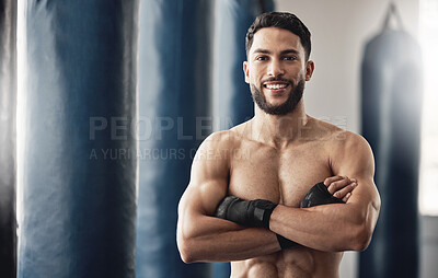 Buy stock photo Boxing training, workout portrait and boxer for sports motivation, fitness for wellness and sport exercise at the gym. Strong, healthy and smile athlete with muscle power for competition fight