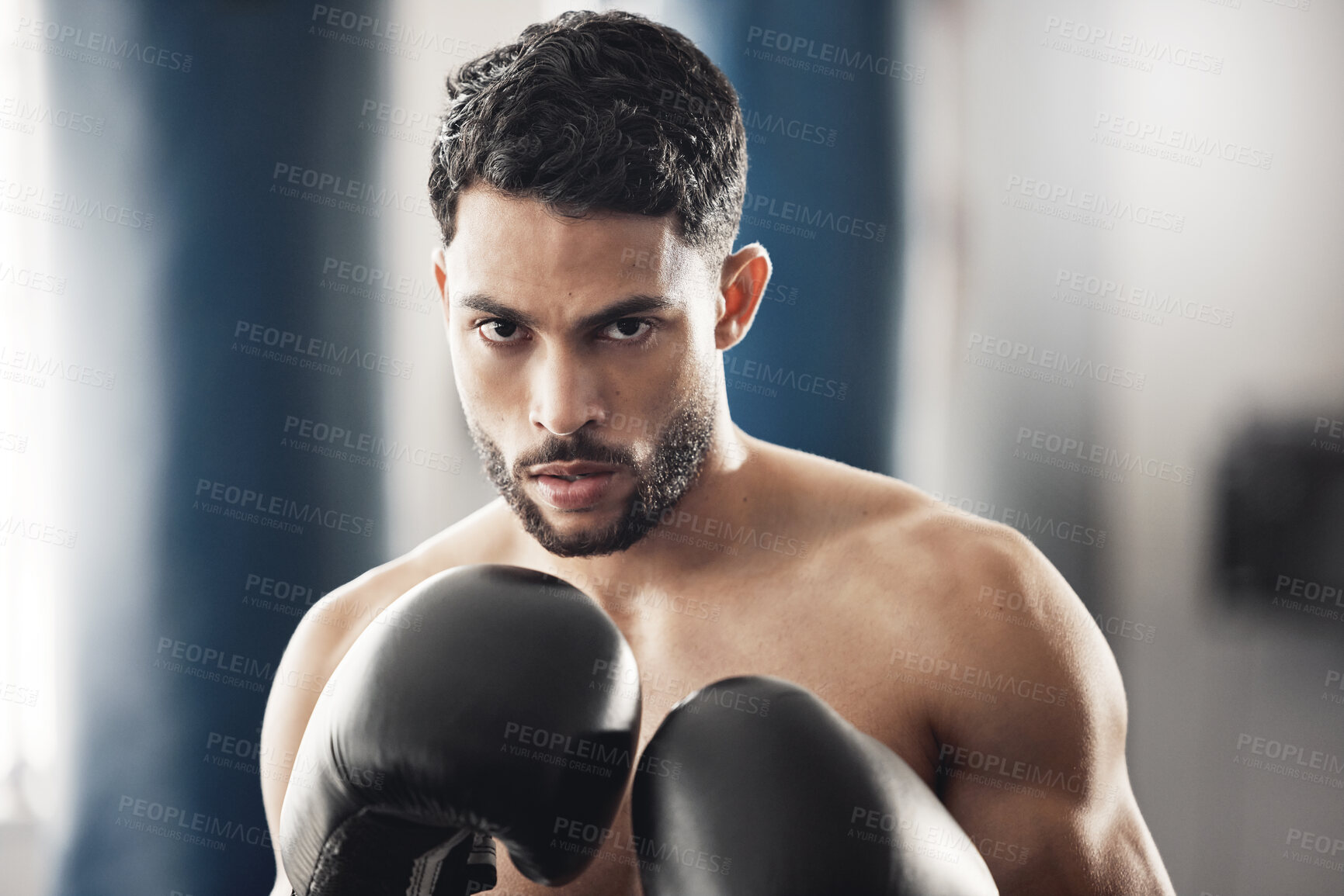 Buy stock photo Mindset, fitness or sports boxer man with workout, training and exercise for health and wellness in gym. Sport, fight and athlete or personal trainer with motivation, vision and hands ready for event