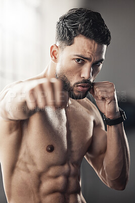 Buy stock photo Boxing fist, strong man portrait and fitness power of mma fighter, sports athlete and gym training. Hand, muscle and workout of martial arts, sexy bodybuilder and champion boxer impact in speed focus