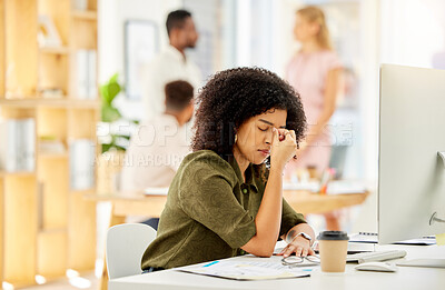 Buy stock photo Work headache, burnout stress and digital business woman working on a computer 404 glitch. Corporate worker online using technology feeling depression and mental health anxiety from tech report