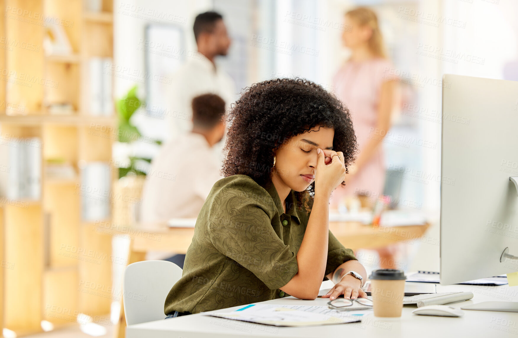 Buy stock photo Work headache, burnout stress and digital business woman working on a computer 404 glitch. Corporate worker online using technology feeling depression and mental health anxiety from tech report