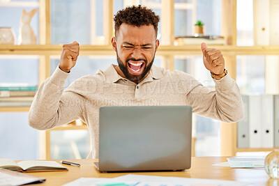 Buy stock photo Black man, winner and celebrating stock sale, profit and success online with laptop. Business trader gets high return, reward for investment and crypto currency. Excited, happy and cheering economist