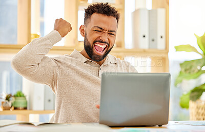 Buy stock photo Celebrate success, reading email and businessman trading online with laptop, excited about online website and motivation while working on the internet. Advrtising worker happy about startup win