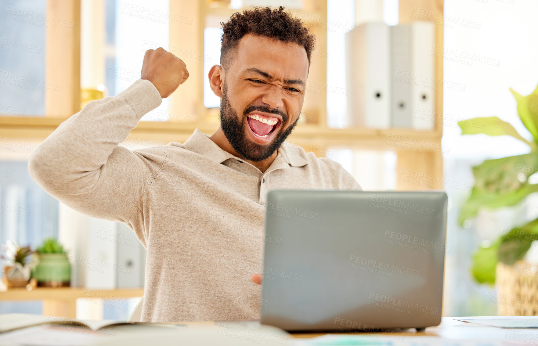 Buy stock photo Celebrate success, reading email and businessman trading online with laptop, excited about online website and motivation while working on the internet. Advrtising worker happy about startup win