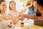 Business welcome handshake, partnership applause and deal, success and agreement collaboration in office team. Hiring promotion, meeting negotiation and shaking hands for trust, support and b2b sales