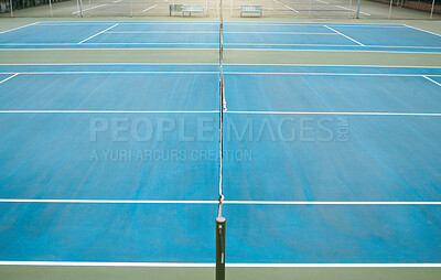 Buy stock photo Empty tennis, court and sports space ready for exercise, training and game workout with mockup. Fitness, cardio and isolated sport match area for to play with a light at night and mock up area