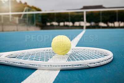 Tennis ball, racket and sports court with equipment for fitness, exercise and recreation. Health, competition and training for a tournament match or game. Active hobby, objects and healthy lifestyle