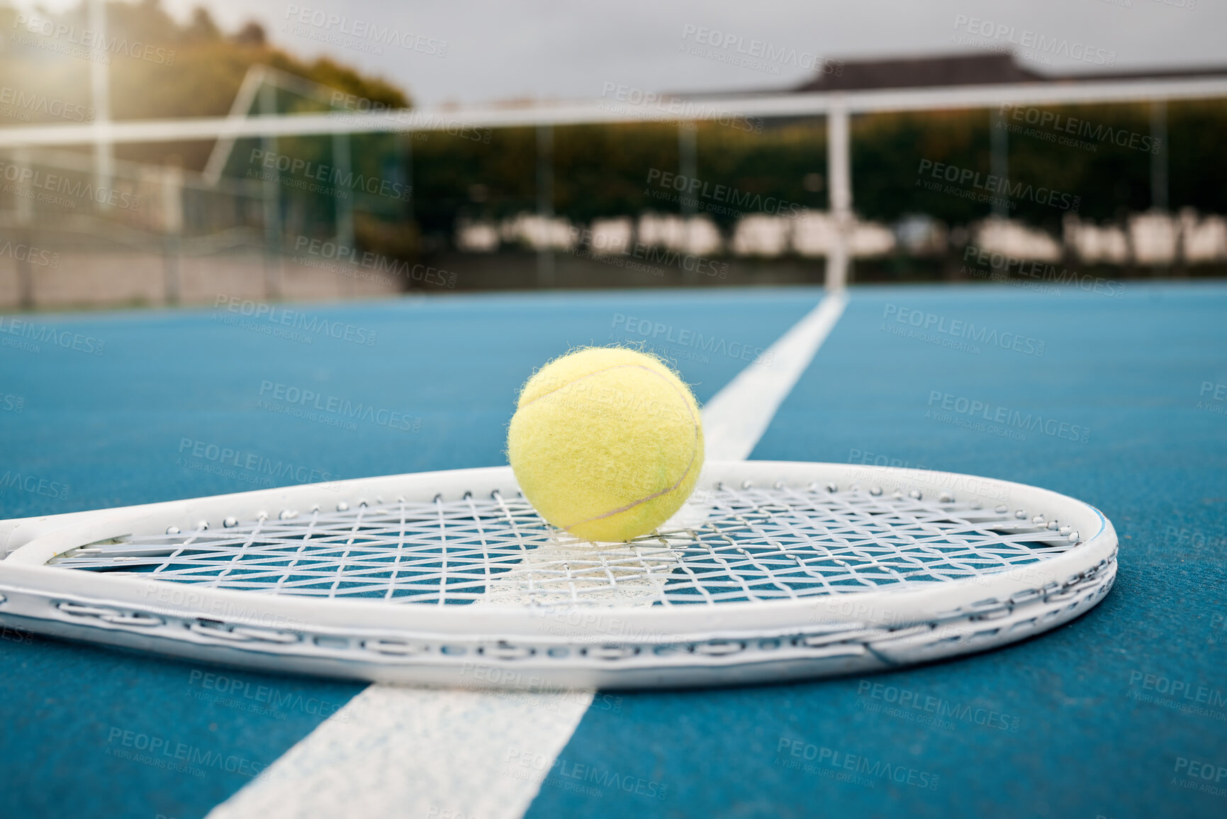 Buy stock photo Tennis and ball with racket with equipment on sports court for fitness, exercise and recreation. Health, competition and training for a tournament match or game. Hobby, objects and healthy lifestyle