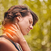 Woman, injury and neck inflammation pain with muscle strain and agony ...