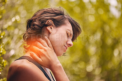 Buy stock photo Woman, injury and neck pain from a workout with muscle strain and inflammation in body part. Arthritis, accident or fitness exercise joint tension from intense outdoor physical activity.