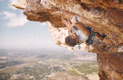 Buy stock photo Rock climbing sports and man on mountain cliff for outdoor fitness, wellness goal or workout motivation. Adventure, healthy energy of strong athlete bouldering in safety gear, rope on blue sky nature