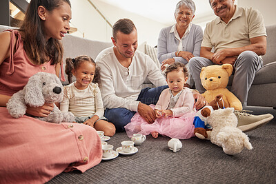 Buy stock photo Parents, grandparents and children with toys in home living room or family home happy love, support and reunion. Mexico generation of senior retirement people, mom and dad play with kids teddy bear