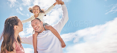 Buy stock photo Family, children and love with foster parents and adopted girl outside during day with a blue sky in the background. Mother, father and daughter spending time together and bonding with love and care
