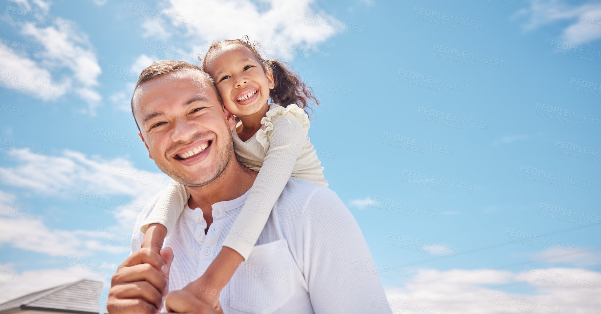 Buy stock photo Portrait of happy man and girl smile with blue sky background while family bonding, fun and sweet together outdoor. Father carry daughter on back with love and happiness while play, hug and laugh