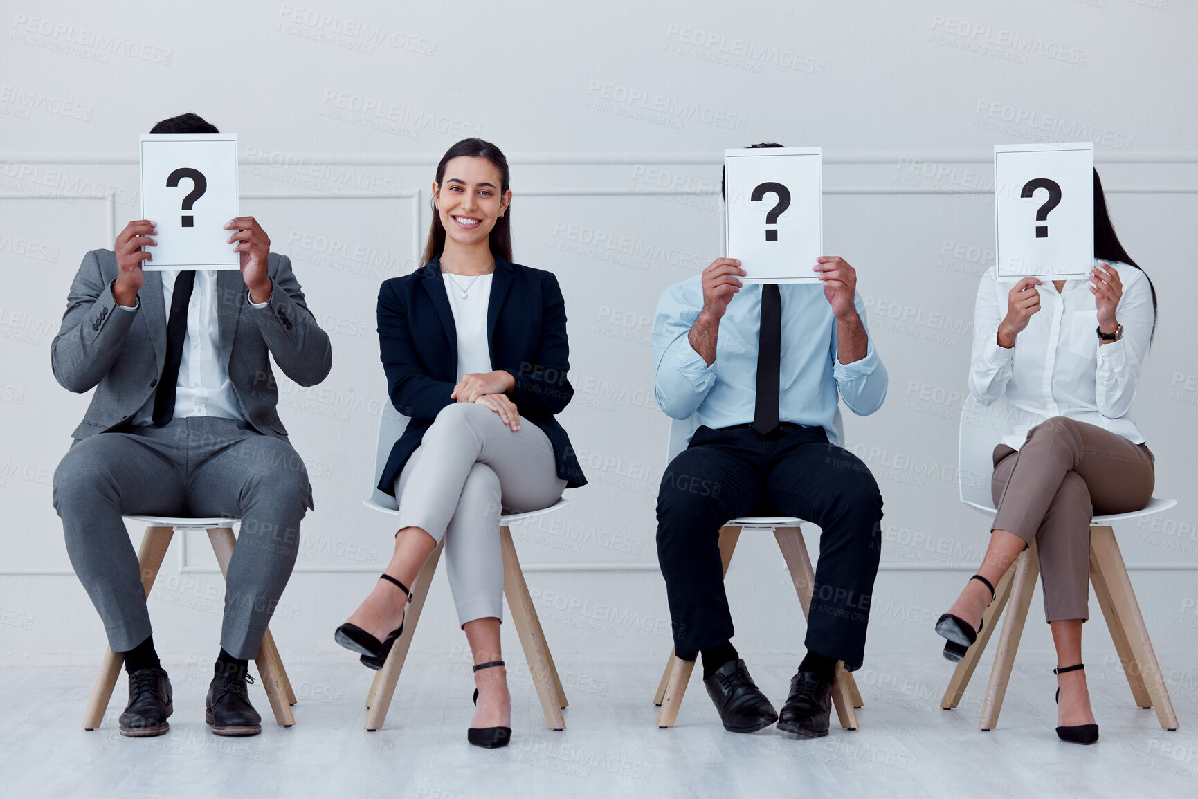 Buy stock photo Job interview, question mark and feedback with business people sitting with sign for review, recruitment and search. Why, faq and hiring with employees holding icon for opinion, vote or policy