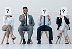 Recruitment row, question people and success of candidate with thumbs up for job interview at workplace. Happy, ok and yes hands gesture with hr proposal for onboarding of man at company.