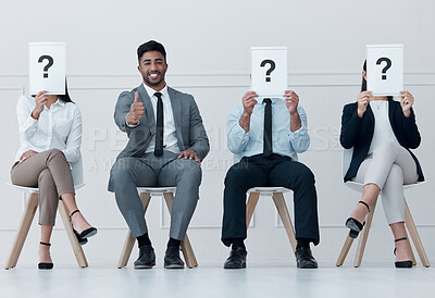Buy stock photo Recruitment row, question people and success of candidate with thumbs up for job interview at workplace. Happy, ok and yes hands gesture with hr proposal for onboarding of man at company.